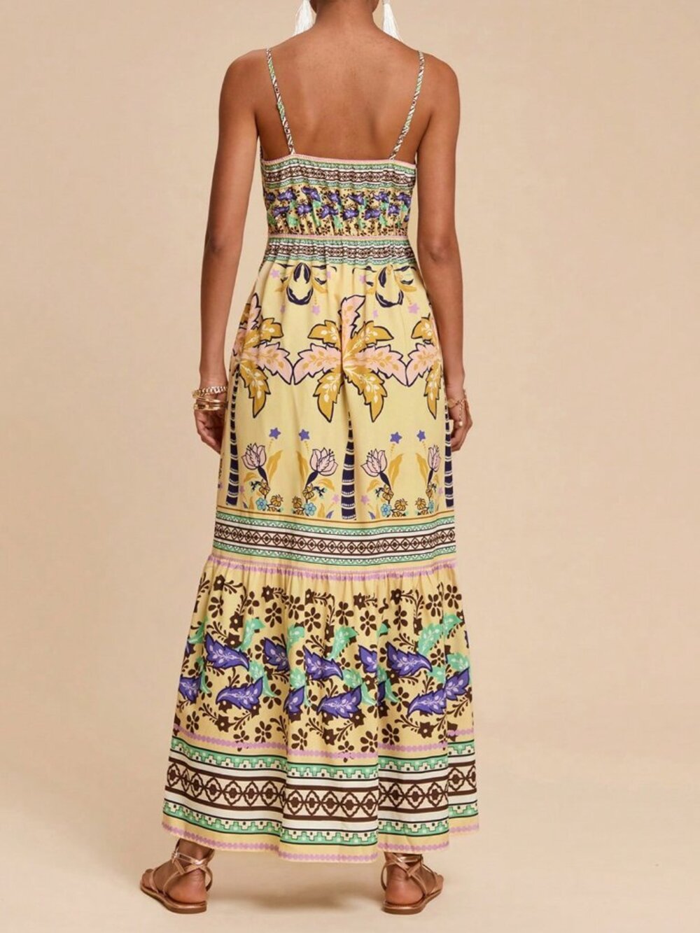 Multicolor Boho Women's Halter Dress with Cutout Waistband and Side Slits - Picture 2 of 7